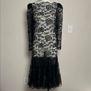 Vintage All Sheer Black Floral Lace Dress 1980s 80s Vintage Long Puffed Sleeves